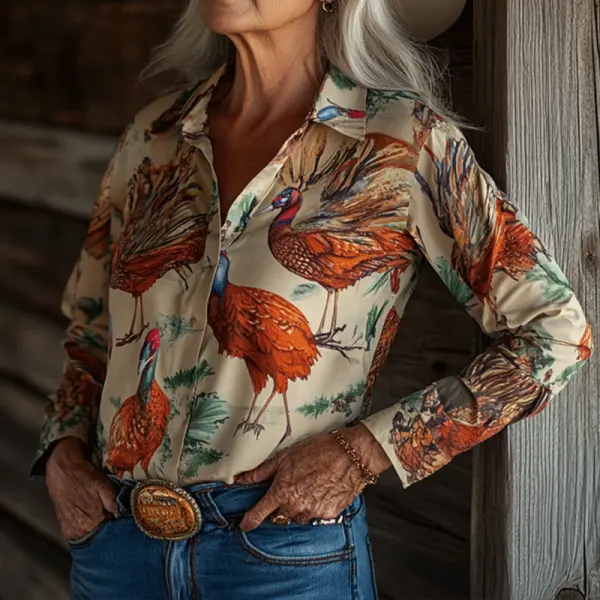 Women's Western Cowboy Turkey Printed Thanksgiving Khaki Shirts - Cotosen.com 