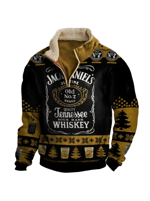 Men's Vintage Jack Daniel's Christmas Print Half-Zip Stand Collar Sweatshirt - Aptkoi.com 