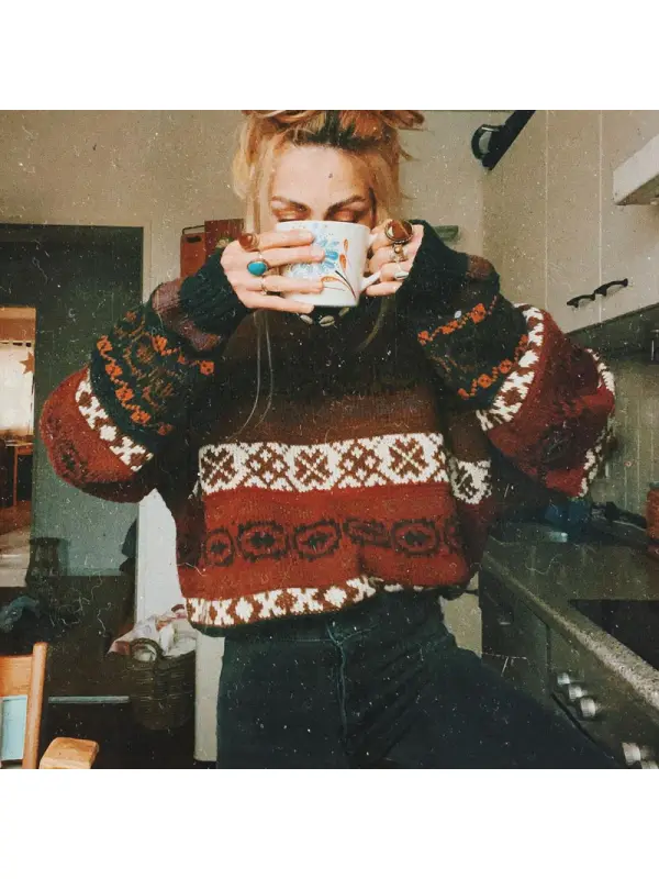 Women Vintage Round Neck Knitted Sweater - Localziv.com 
