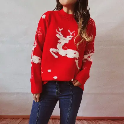 Women New Year's Christmas Fawn Holiday Crew-neck Knit Sweater