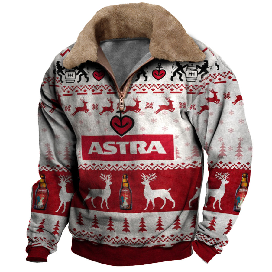 

Mens Vintage Christmas Print Half-Zip Fur Collar Sweatshirt