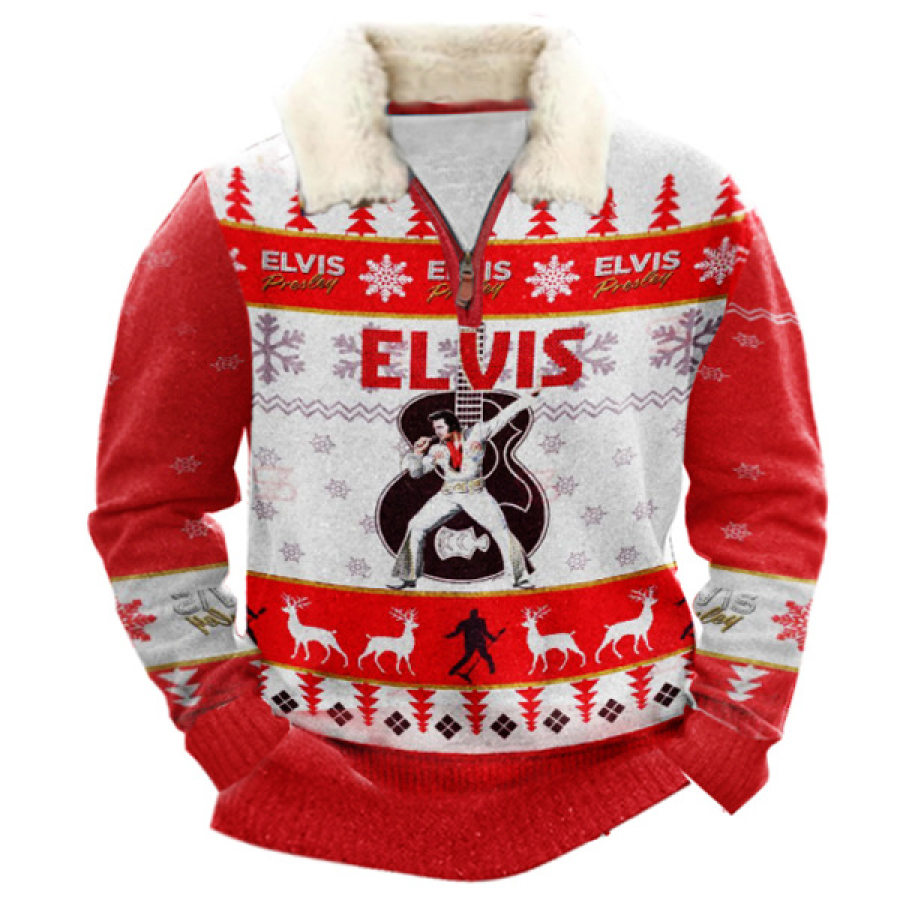 

Elvis Presley Christmas Sweater 1/4 Zip Stand Fleece Collar Thick Sweatshirt