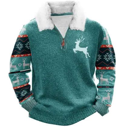 Elk Christmas 1/4 Zip Stand Fleece Collar Thick Sweatshirt