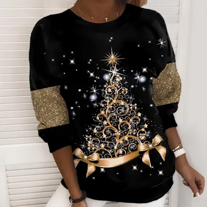 Women's Christmas Tree 3D Print Crew Neck Casual Sweatshirt