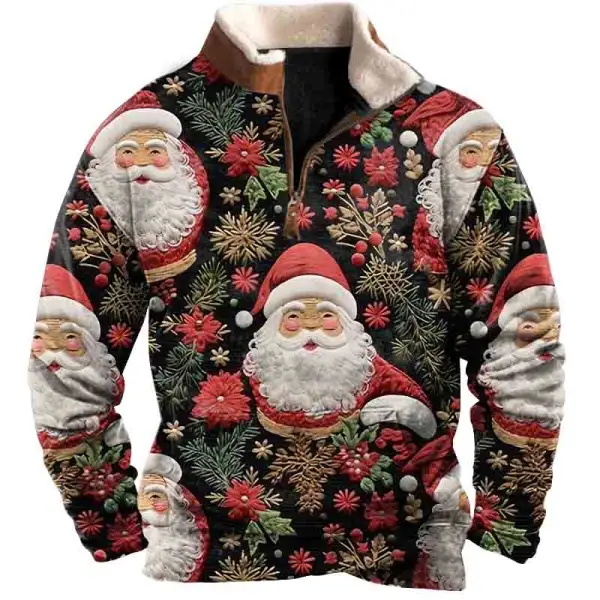 Men's Vintage Santa Claus 3D Print Fleece Stand Collar Ugly Christmas Sweatshirt - Wayrates.com 