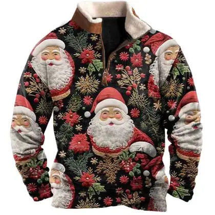 Men's Vintage Santa Claus 3D Print Fleece Stand Collar Ugly Christmas Sweatshirt