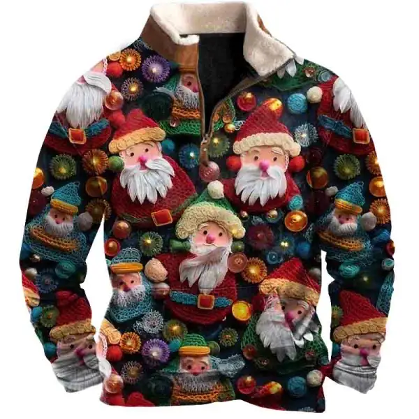 Men's Vintage Santa Claus 3D Print Fleece Stand Collar Ugly Christmas Sweatshirt - Spiretime.com 