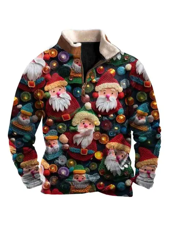 Men's Vintage Santa Claus 3D Print Fleece Stand Collar Ugly Christmas Sweatshirt - Ootdmw.com 