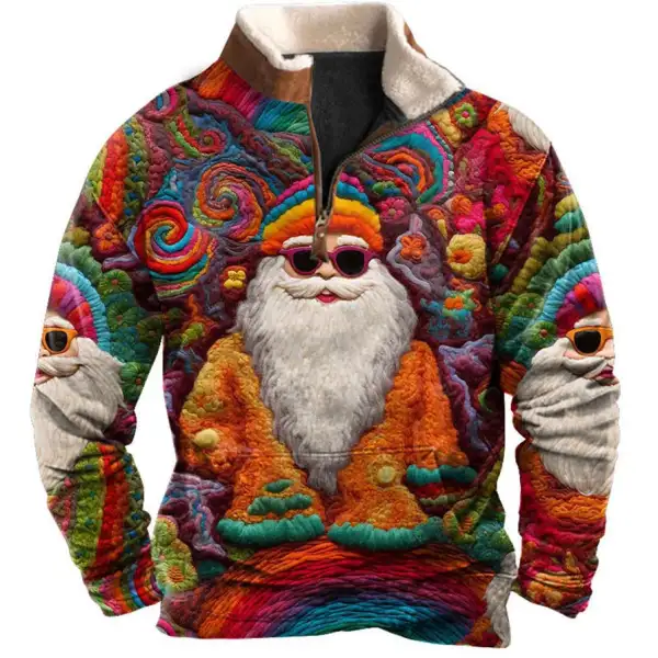 Men's Sweatshirt Quarter Zip Retro Santa Christmas Plush Collar Vintage Daily Tops - Anurvogel.com 