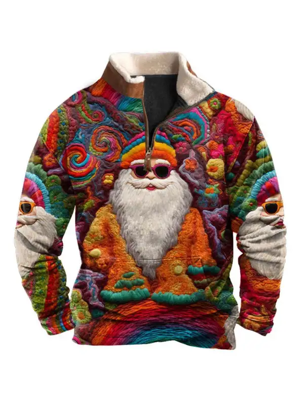 Men's Sweatshirt Quarter Zip Retro Santa Christmas Plush Collar Vintage Daily Tops - Ootdmw.com 