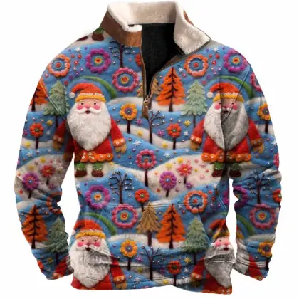 Men's Vintage Santa Claus 3D Print Fleece Stand Collar Ugly Christmas Sweatshirt