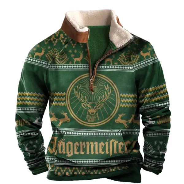 Men's Vintage Whiskey Print Christmas Print Half-Zip Stand Collar Sweatshirt - Yesunshine.com 