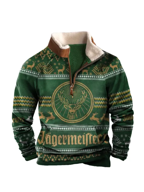 Men's Vintage Whiskey Print Christmas Print Half-Zip Stand Collar Sweatshirt - Shopyiyistories.com 