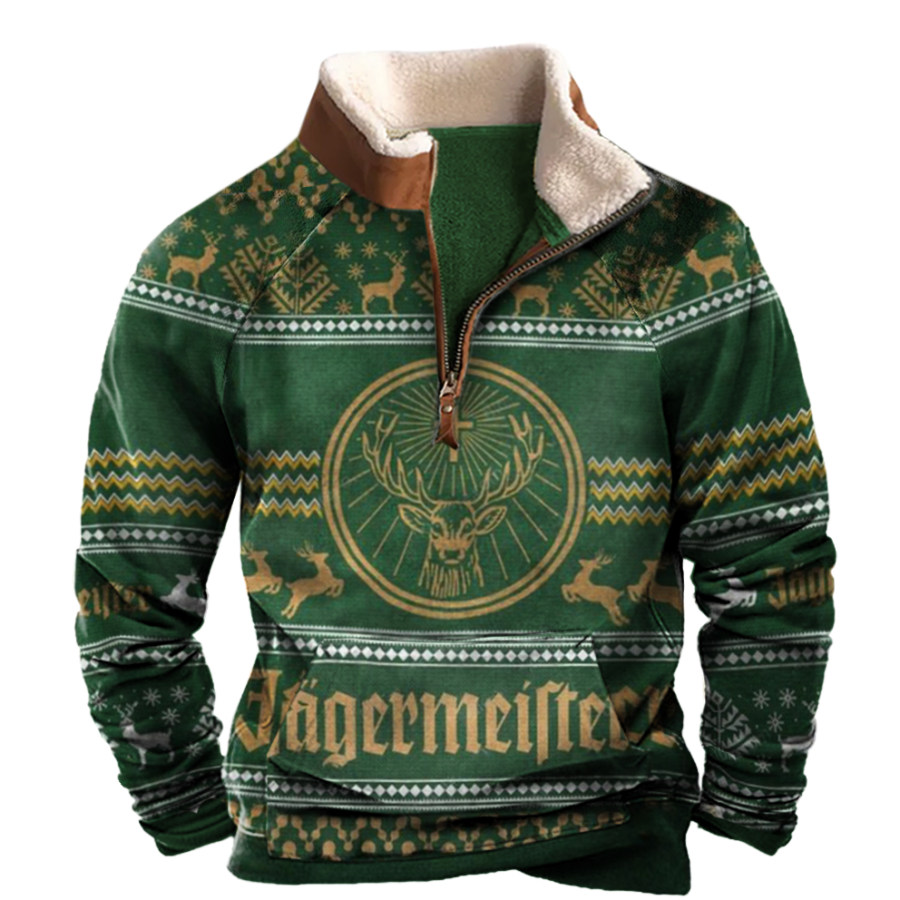 

Men's Vintage Jägermeister Christmas Print Half-Zip Stand Collar Sweatshirt