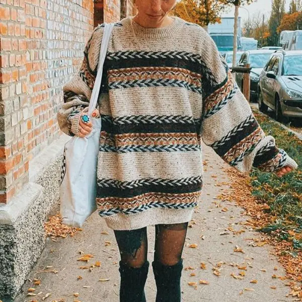 Women Vintage Loose Lazy Knitted Sweater - Elementnice.com 