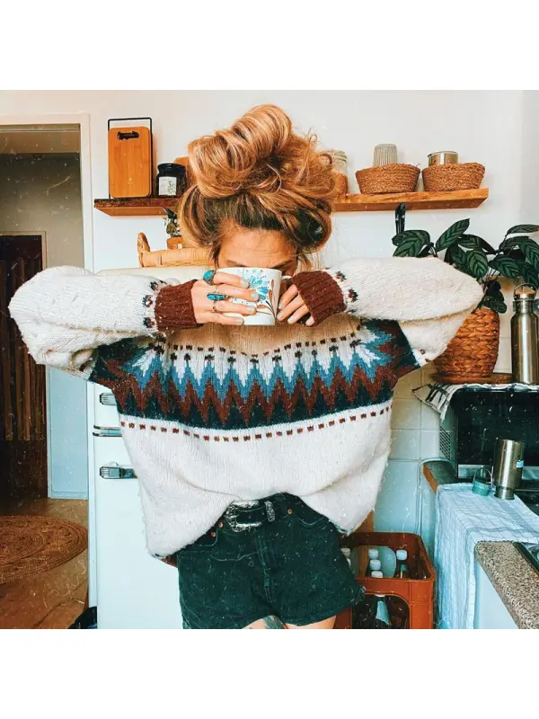 Women Retro Graphic Round Neck Knitted Sweater - Aptkoi.com 