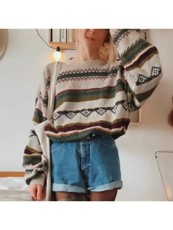 Women Vintage Stripe Graphic Knitted Sweater - Miabrave.com 