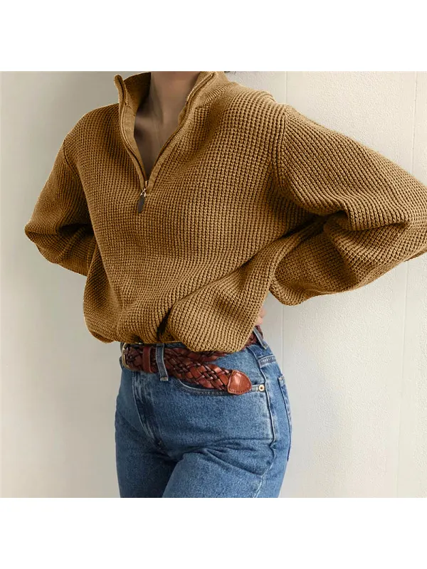 Solid Color Casual Loose Zipper Zipper Sweatshirt - Ootdmw.com 