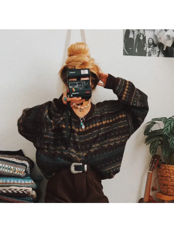 Women's Vintage Geometric Knitted Sweater - Aptkoi.com 