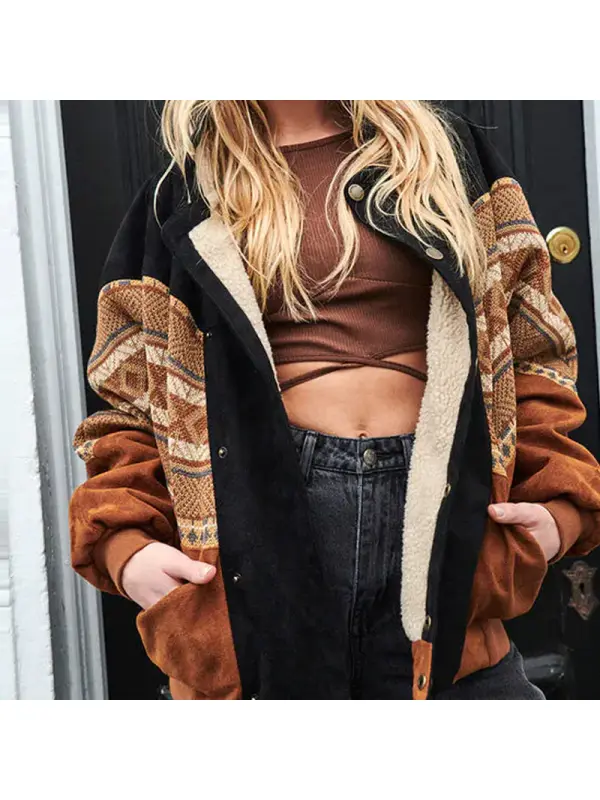 Women VIntage Suede Patchwork Fleece Jacket - Ootdmw.com 