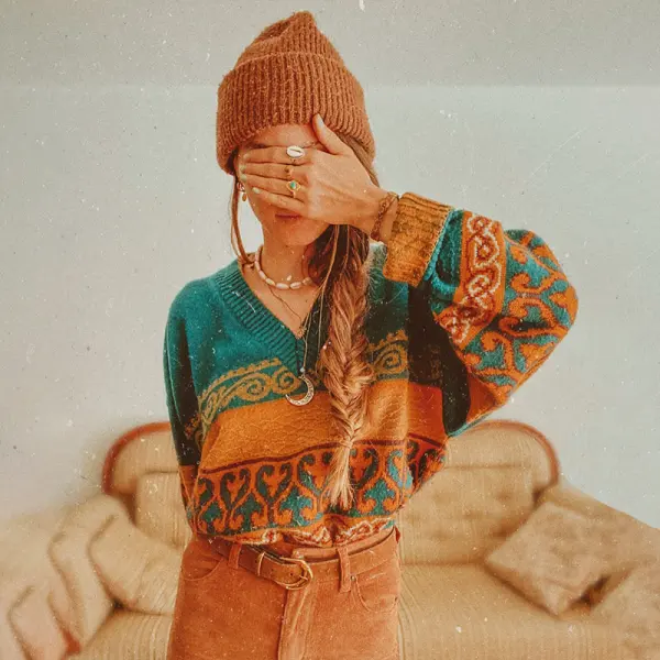 Women's Vintage V-neck Knitted Sweater - Ootdyouth.com 