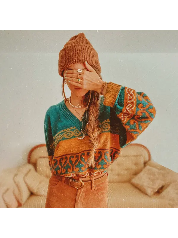 Women's Vintage V-neck Knitted Sweater - Ootdmw.com 