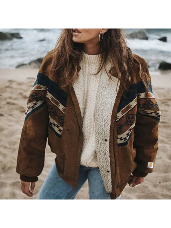 Unisex Oversized Retro Ethnic Print Stitching Loose Outdoor Casual Plush Coat Jacket Yellowstone Jacket - Timetomy.com 