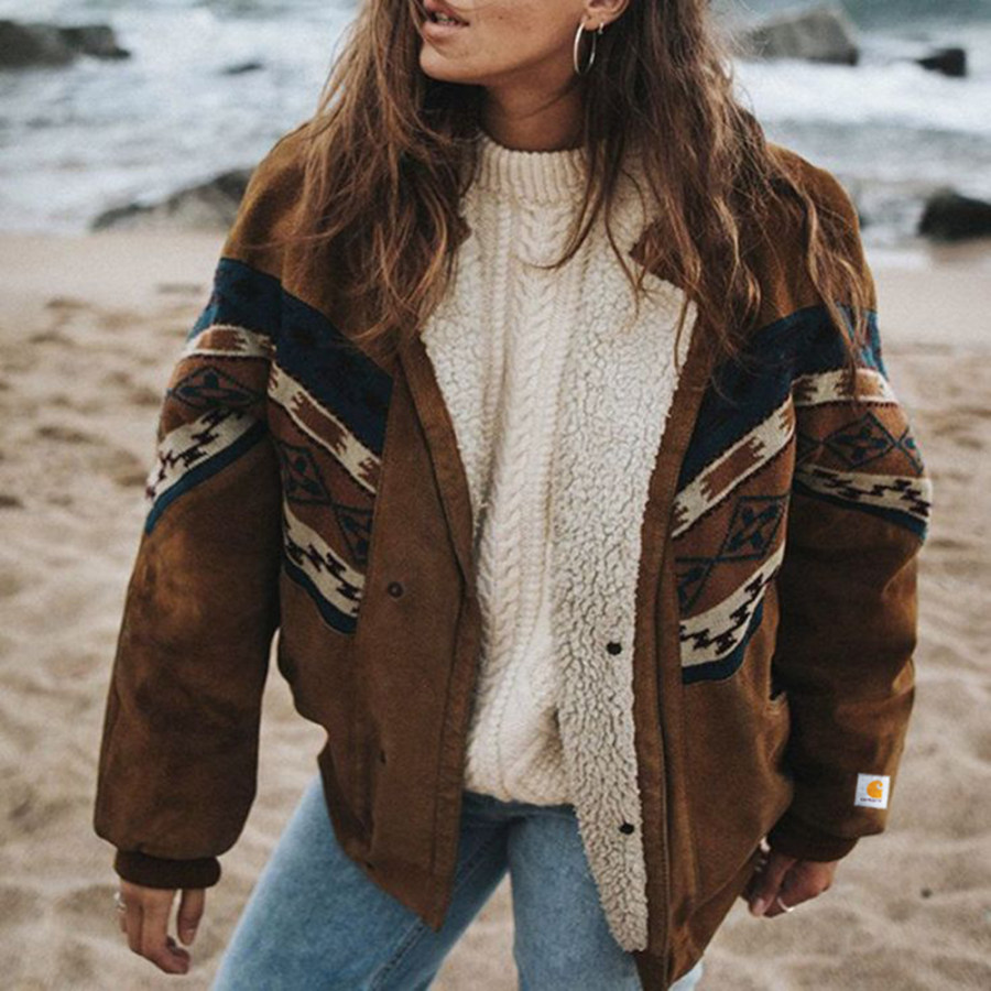 

Unisex Oversized Retro Ethnic Print Stitching Loose Outdoor Casual Plush Coat Jacket Yellowstone Jacket