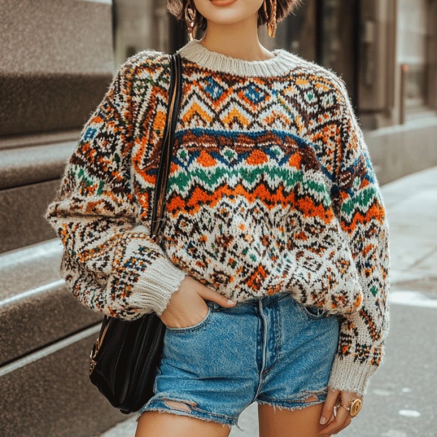 

Women's Leisure Ethnic Prints Round Neck Oversize Apricot Color Sweatshirt
