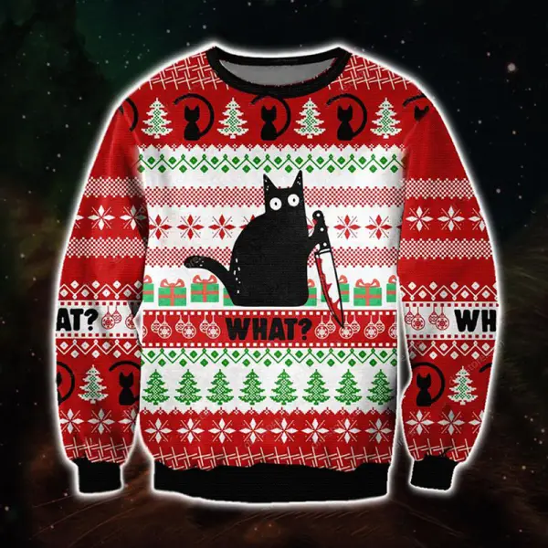 Unisex Black Cat With Knife 3D Christmas Ugly Sweatshirt - Wayrates.com 