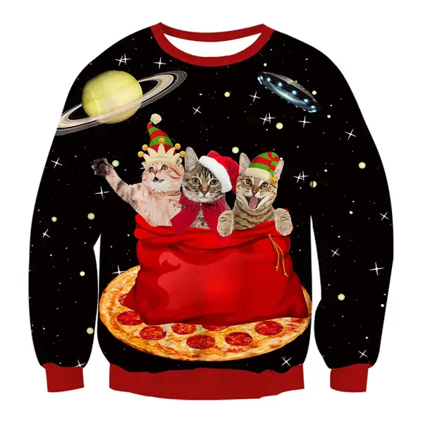 Unisex Space Pizza Cats Print Crew Neck Ugly Christmas Sweatshirt - Wayrates.com 