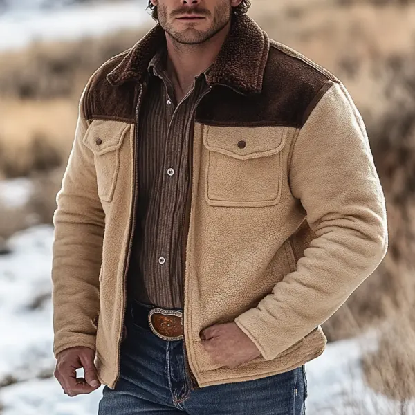 Men's Vintage Fleece Color Block Fur Lapel Collar Outdoor Jacket - Wayrates.com 