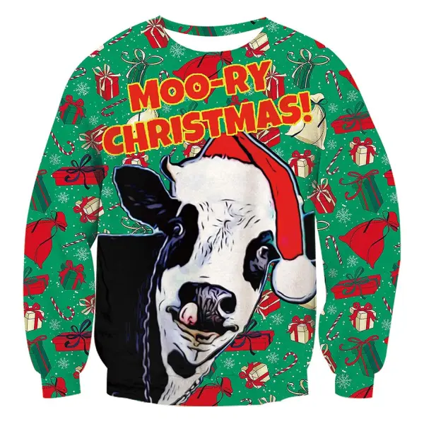 Unisex Cow Print Crew Neck Ugly Christmas Sweatshirt - Wayrates.com 
