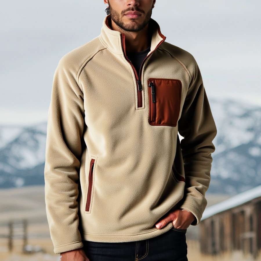 

Men's Retro Color Block Zipper Pocket Fleece Sweatshirt Outwear