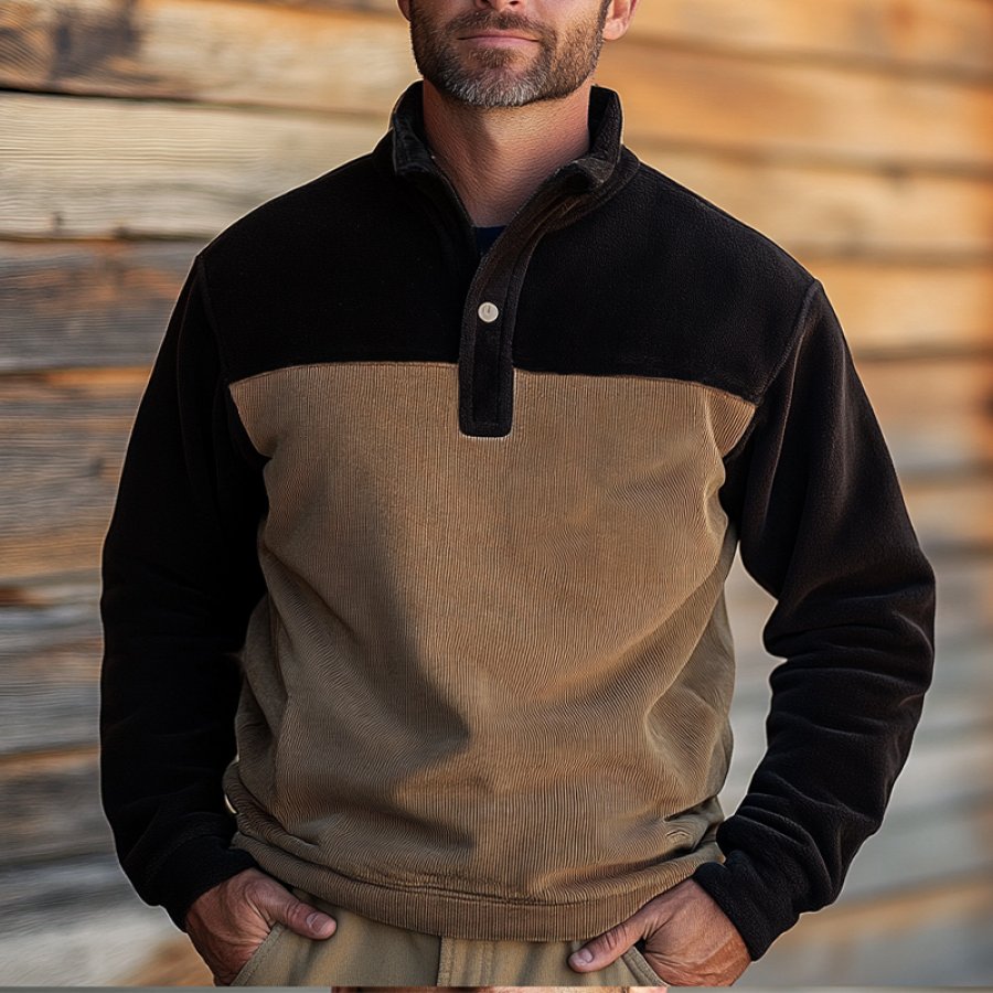 

Men's Retro Corduroy Fleece Color Block Henley Sweatshirt Outwear
