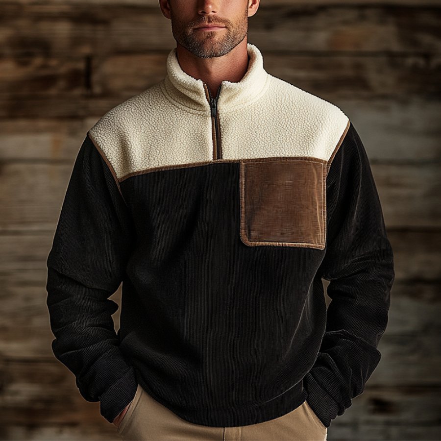 

Men's Retro Corduroy Fleece Quarter Zip Collar Color Block Sweatshirt Outwear