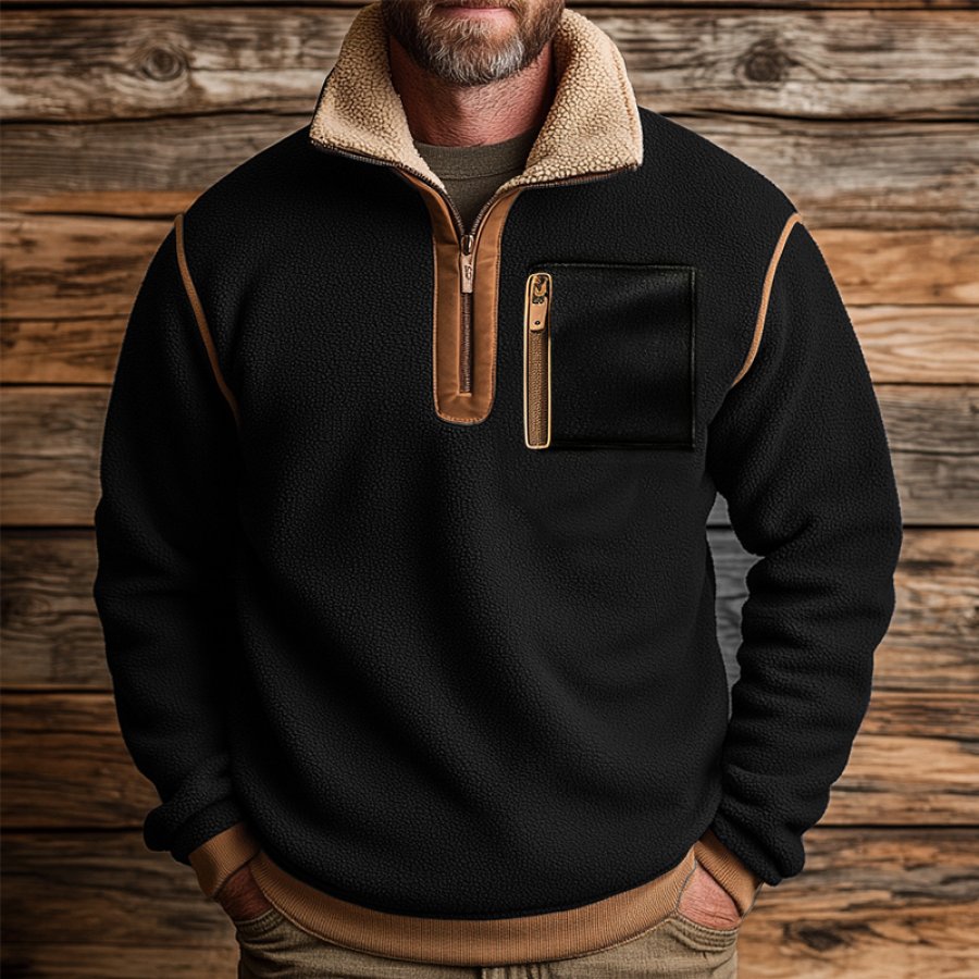 

Men's Retro Zipper Pocket Quarter Zip Collar Fleece Sweatshirt Outwear