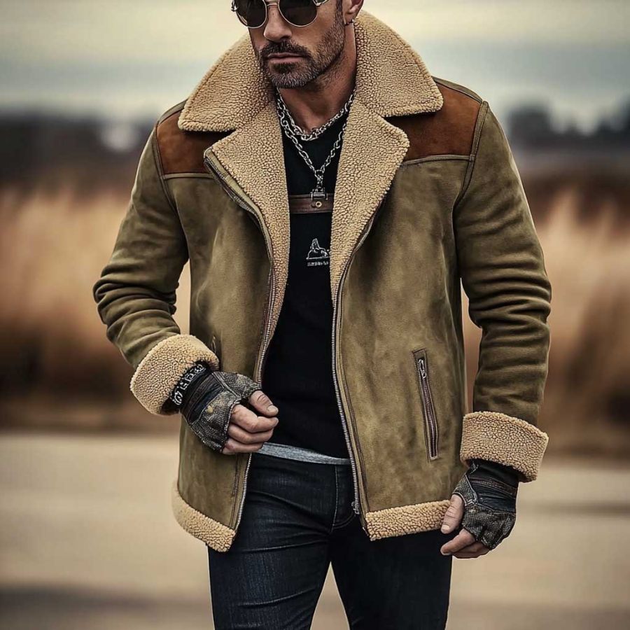 

Men's Vintage Suede Color Block Fleece Lapel Collar Layer Coat Jacket