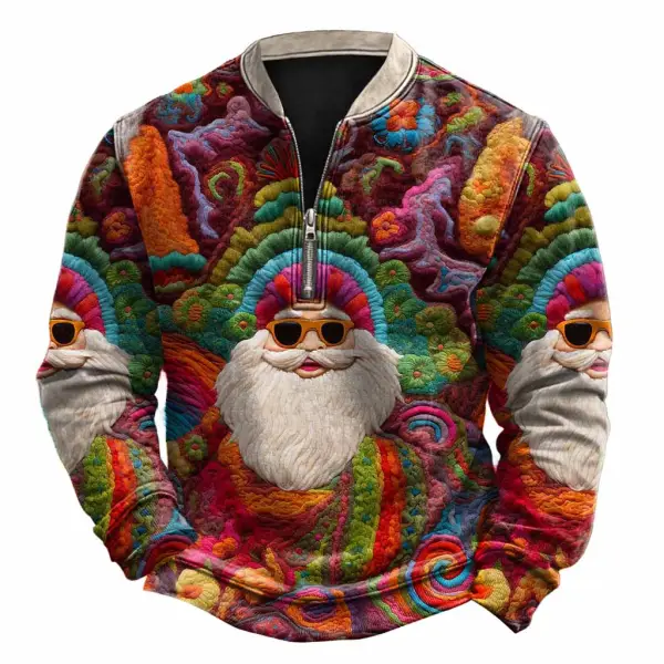 Men's Vintage Henley Zipper Santa Ugly Christmas Sweatshirt - Wayrates.com 