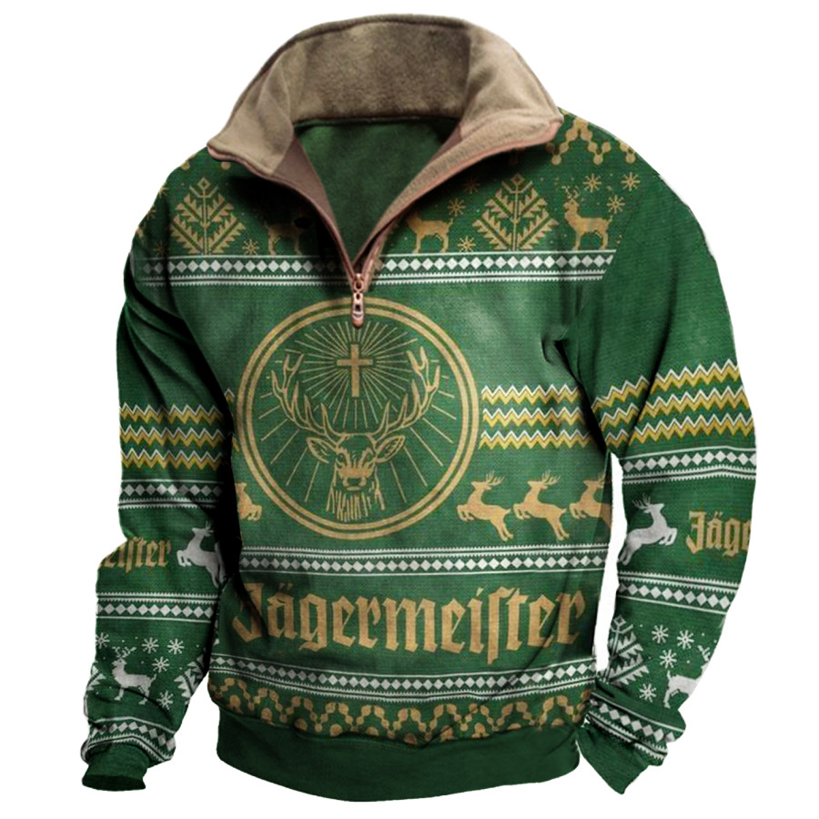 

Men's Vintage Whiskey Print Christmas Print Half-Zip Lapel Sweatshirt