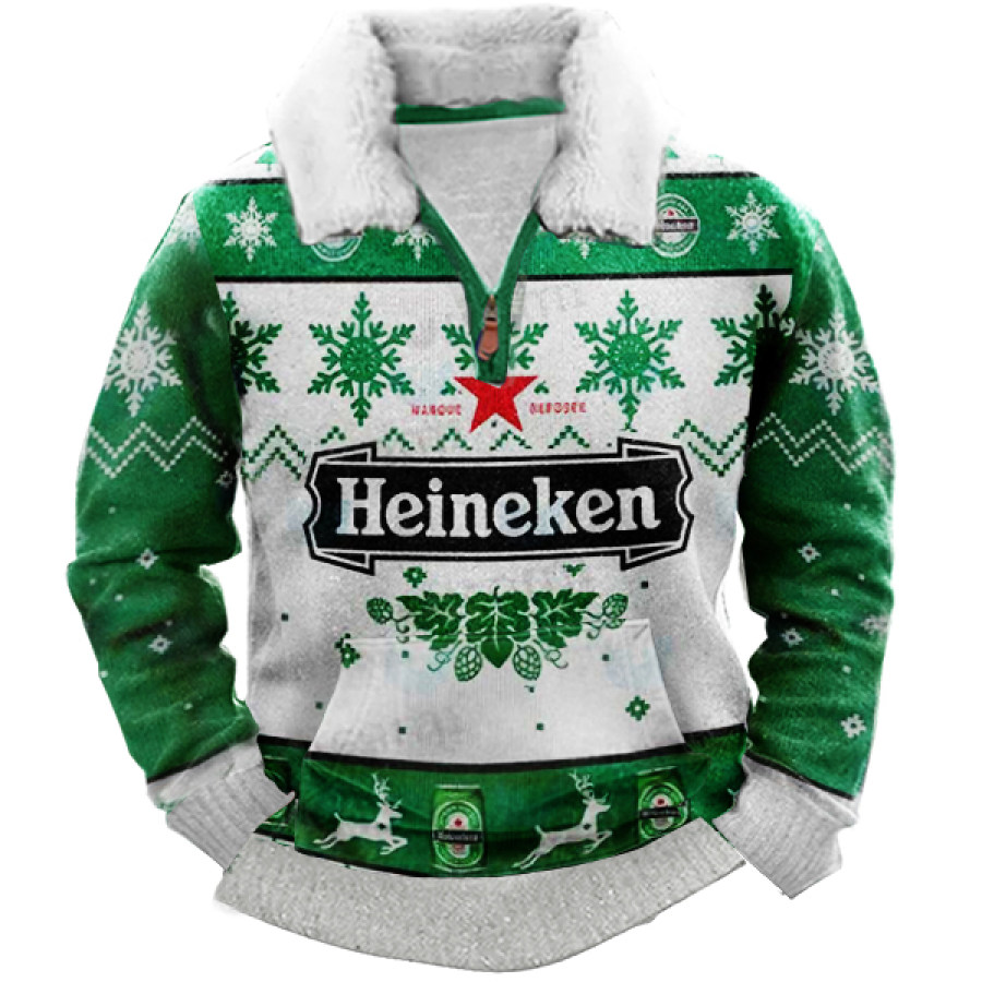 

Christmas Sweater 1/4 Zip Stand Fleece Collar Thick Pocket Sweatshirt