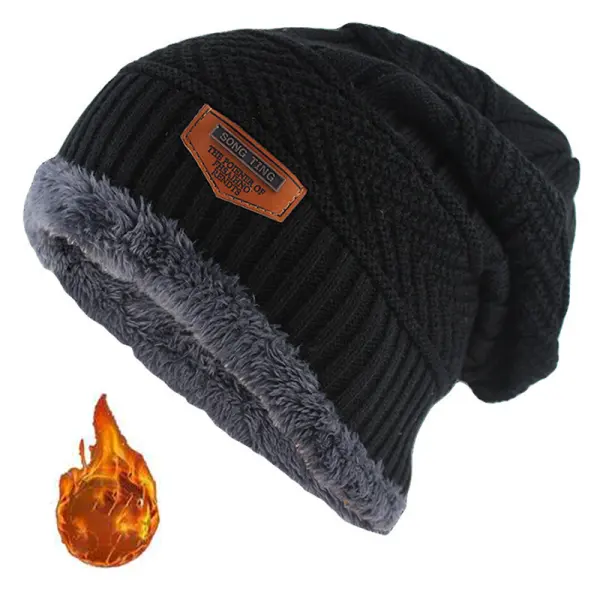 Mens Winter Leather Lable Knit Beanie Slouchy Thick Fleece Lined Hat - Cotosen.com
