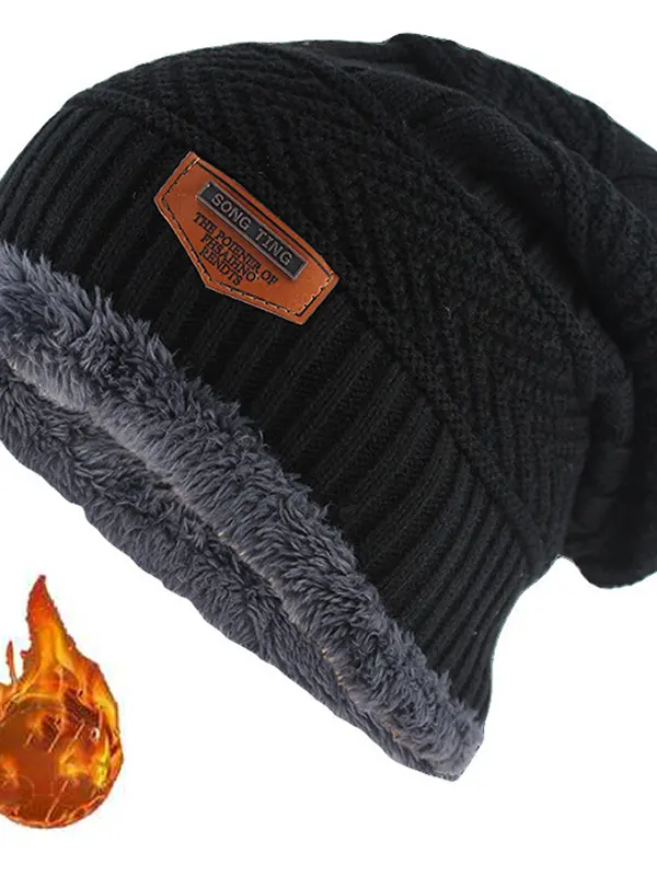 Mens Winter Leather Lable Knit Beanie Slouchy Thick Fleece Lined Hat - Menbarn.com 