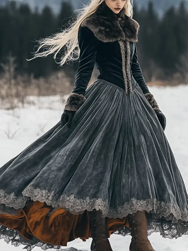 Women's Autumn And Winter Fox Fur Velvet Long Skirt Elegant Long Sleeve Drawstring Dress - Simplyion.com 