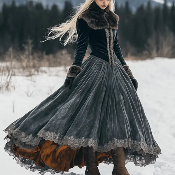 Women's Autumn And Winter Fox Fur Velvet Long Skirt Elegant Long Sleeve Drawstring Dress - Ootdyouth.com 