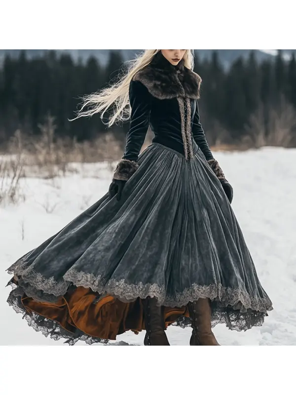 Women's Autumn And Winter Fox Fur Velvet Long Skirt Elegant Long Sleeve Drawstring Dress - Cominbuy.com 