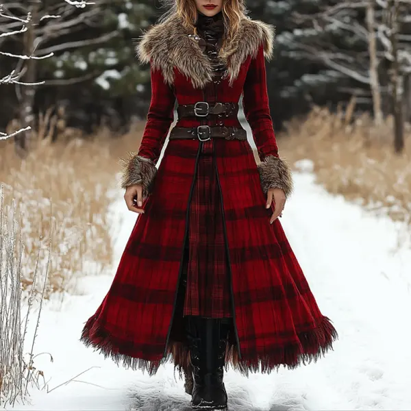 Women's Christmas Woolen Fox Fur Splicing Dress Tartan Print Double Breasted Overcoat - Anurvogel.com 