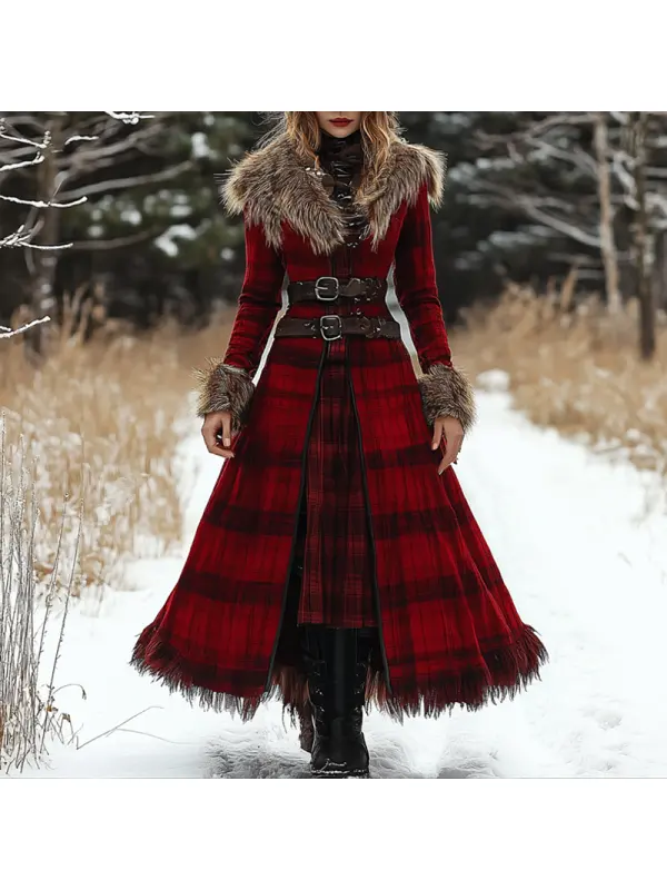 Women's Christmas Woolen Fox Fur Splicing Dress Tartan Print Double Breasted Overcoat - Anrider.com 