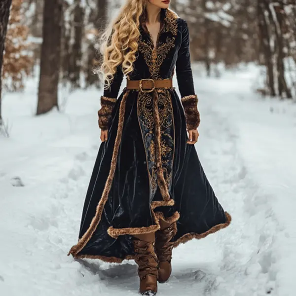 Women's Autumn And Winter Wool Splicing Velvet Long Skirt Elegant Long Sleeve V-neck Tunics Dress - Wayrates.com 