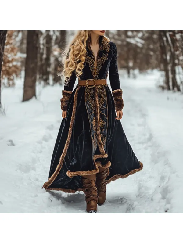 Women's Autumn And Winter Wool Splicing Velvet Long Skirt Elegant Long Sleeve V-neck Tunics Dress - Timetomy.com 